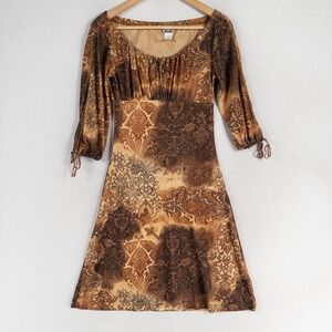 Y2K Hera USA Dress Sz Medium Brown Print Babydoll Stretch Whimsigoth Boho Gothic